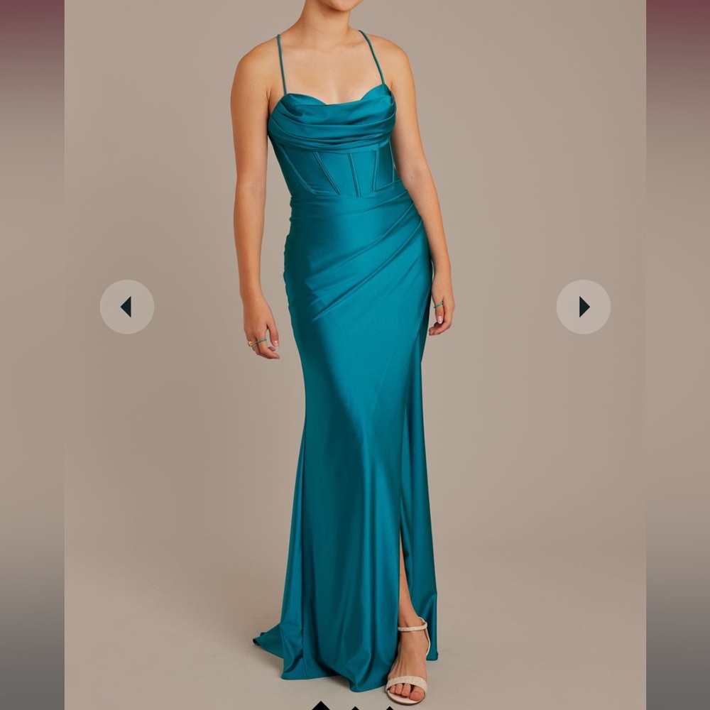 stretch satin cowl corset sheath dress teal